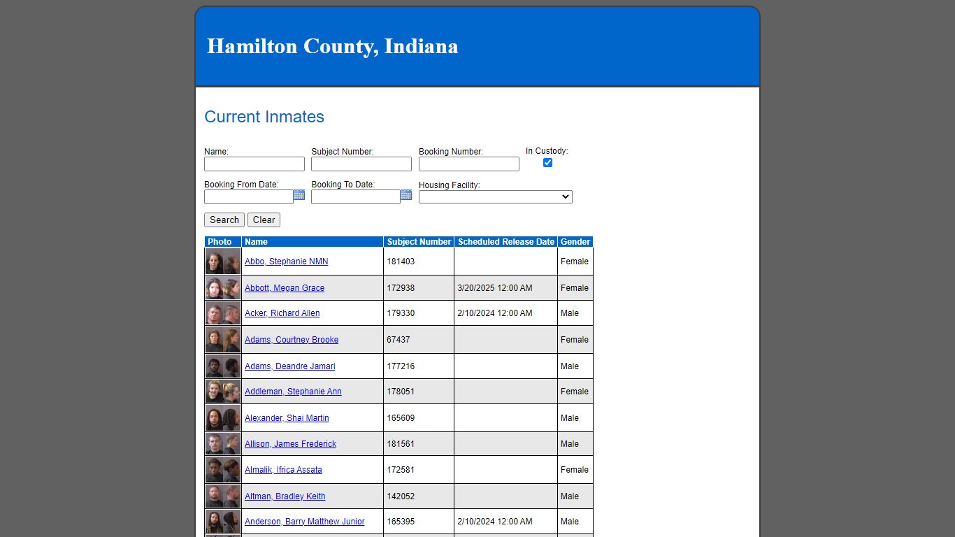 Current Inmates - Indiana